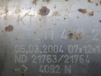 Викуп каталізатора KT 1159 / PF 0002 A2114902014 Марка автомобіля Mercedes Benz Модель автомобіля Mercedes Benz C-Class W203 - 2.2 CDI C200   Вставка каталізатора Кераміка + DPF Тип палива Дизель